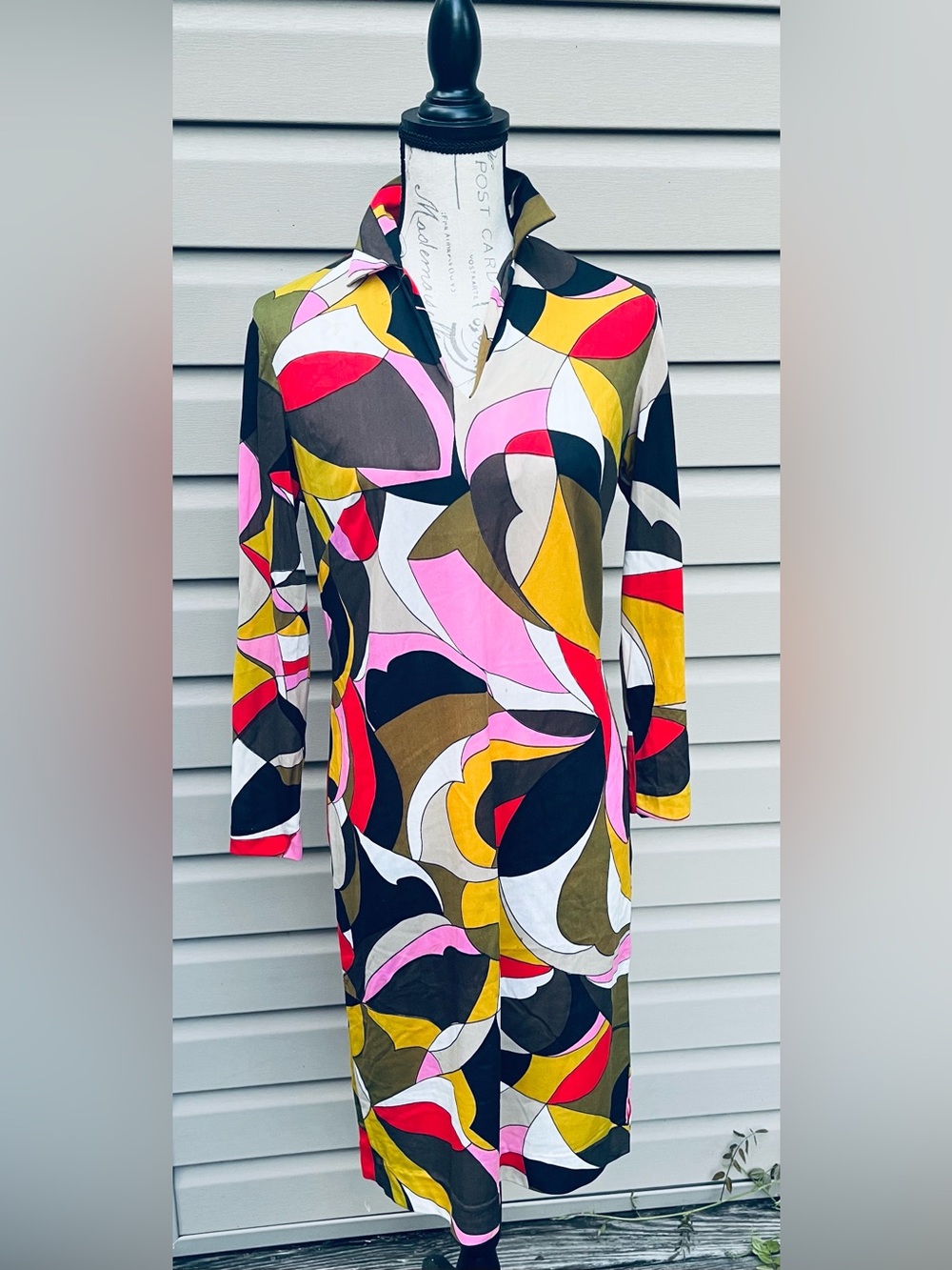 Retro Abstract Print Long Sleeve Tunic Dress - Pink, Olive, Mustard, Black